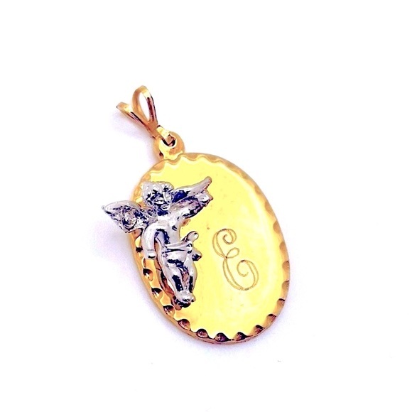 Gold Plated Initial “E” Personalized Necklace Pendant With 3D Silver Angel - Picture 1 of 5